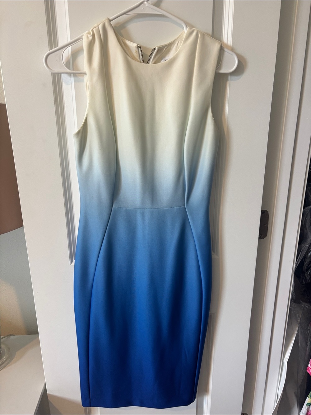 Calvin Klein White to Blue Ombre Sleeveless Midi Sheath Dress